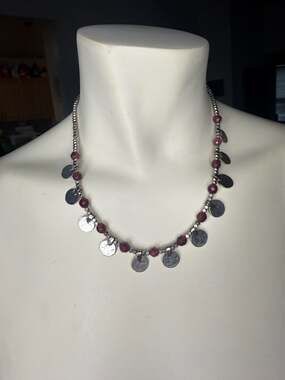 Silver Tone Disk Charm & Magenta &Purple Beaded Necklace